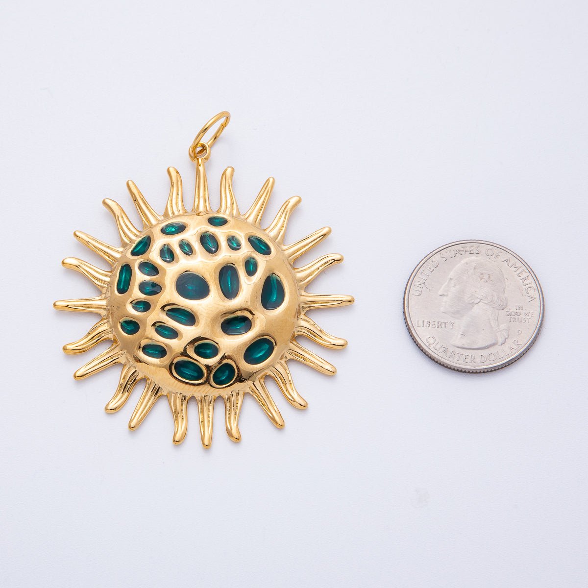 Stainless Steel 56mm Green Celestial Sun Burst Round Statement Charm | J907