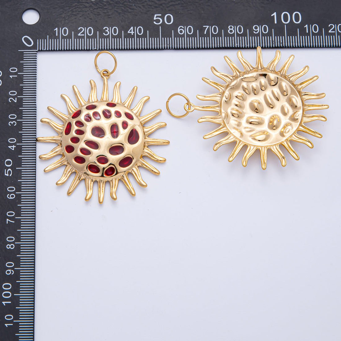 Stainless Steel 56mm Red Celestial Sun Burst Round Statement Charm | J907