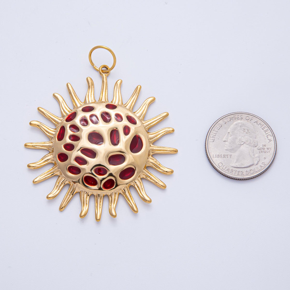 Stainless Steel 56mm Red Celestial Sun Burst Round Statement Charm | J907