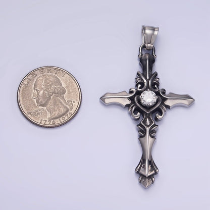 Stainless Steel Clear CZ Artisan Cross Oxidized Silver Pendant | P1421