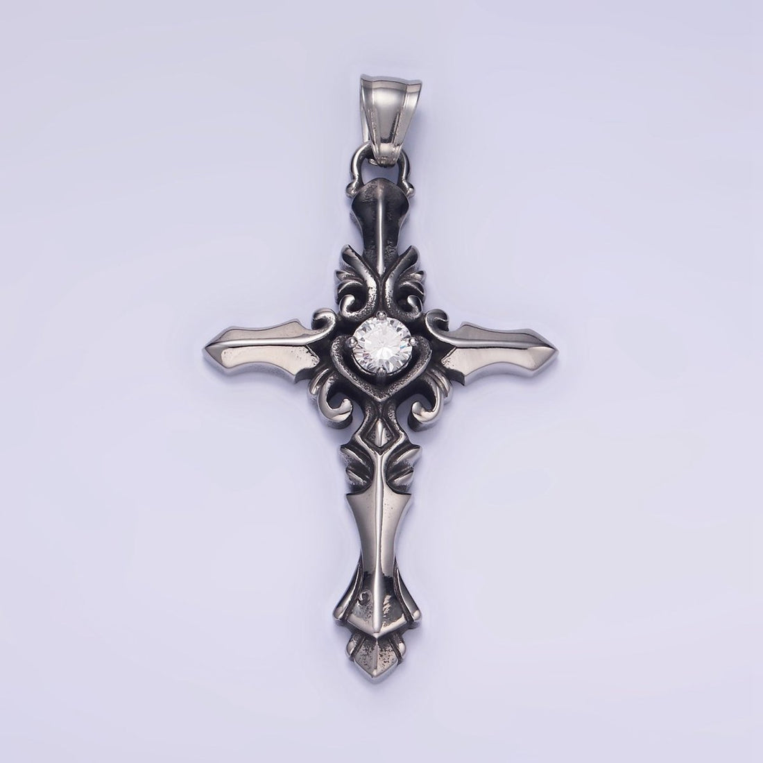 Stainless Steel Clear CZ Artisan Cross Oxidized Silver Pendant | P1421