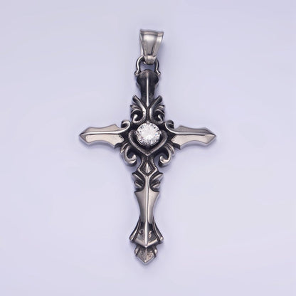 Stainless Steel Clear CZ Artisan Cross Oxidized Silver Pendant | P1421