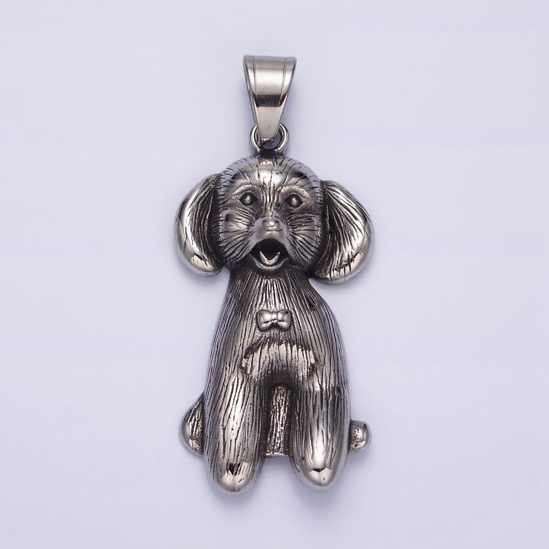 Stainless Steel 60mm Bow-Tied Puppy Dog Pet Textured Pendant | P-777
