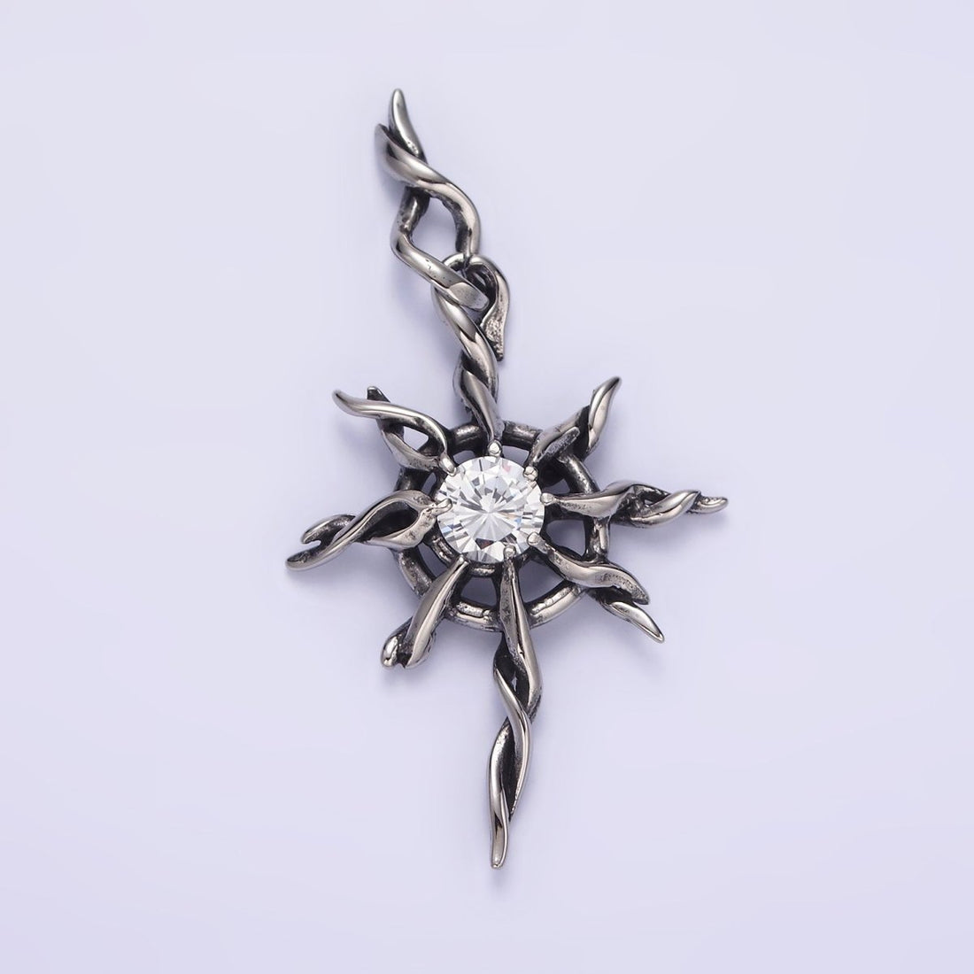 Stainless Steel 60mm Celestial Sun Star Clear CZ Twisted Ray Pendant | P-745