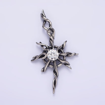 Stainless Steel 60mm Celestial Sun Star Clear CZ Twisted Ray Pendant | P-745