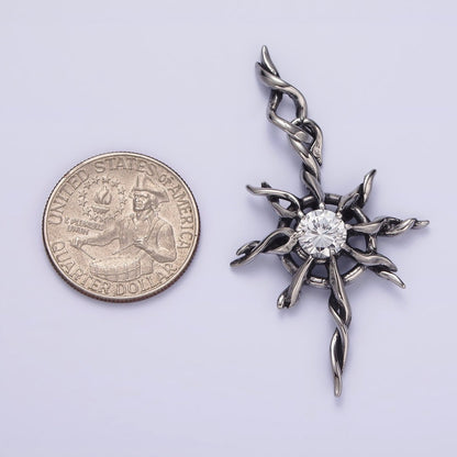 Stainless Steel 60mm Celestial Sun Star Clear CZ Twisted Ray Pendant | P-745