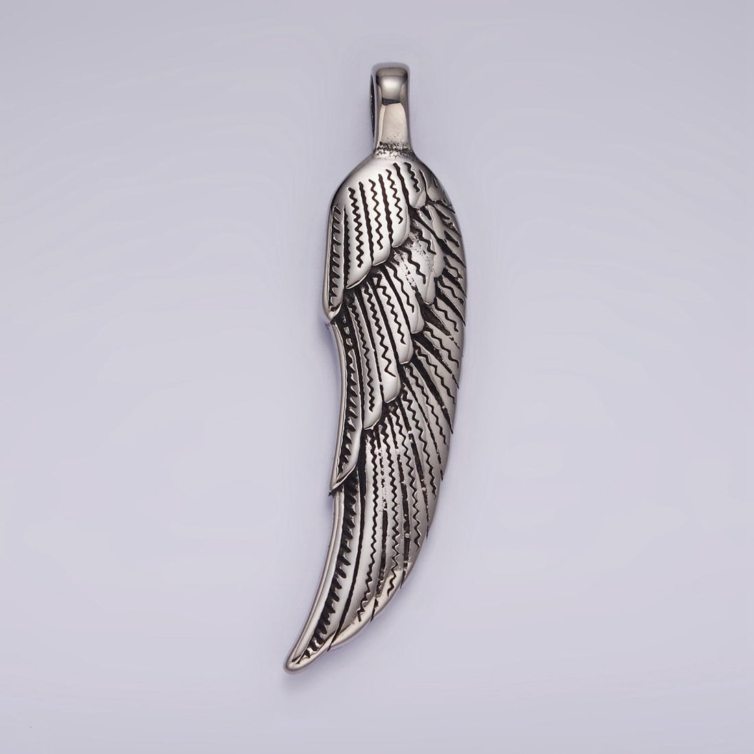 Stainless Steel 60mm Line-Textured Feather Angel Wing Oxidized Pendant | P876