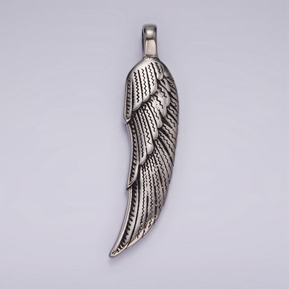 Stainless Steel 60mm Line-Textured Feather Angel Wing Oxidized Pendant | P876
