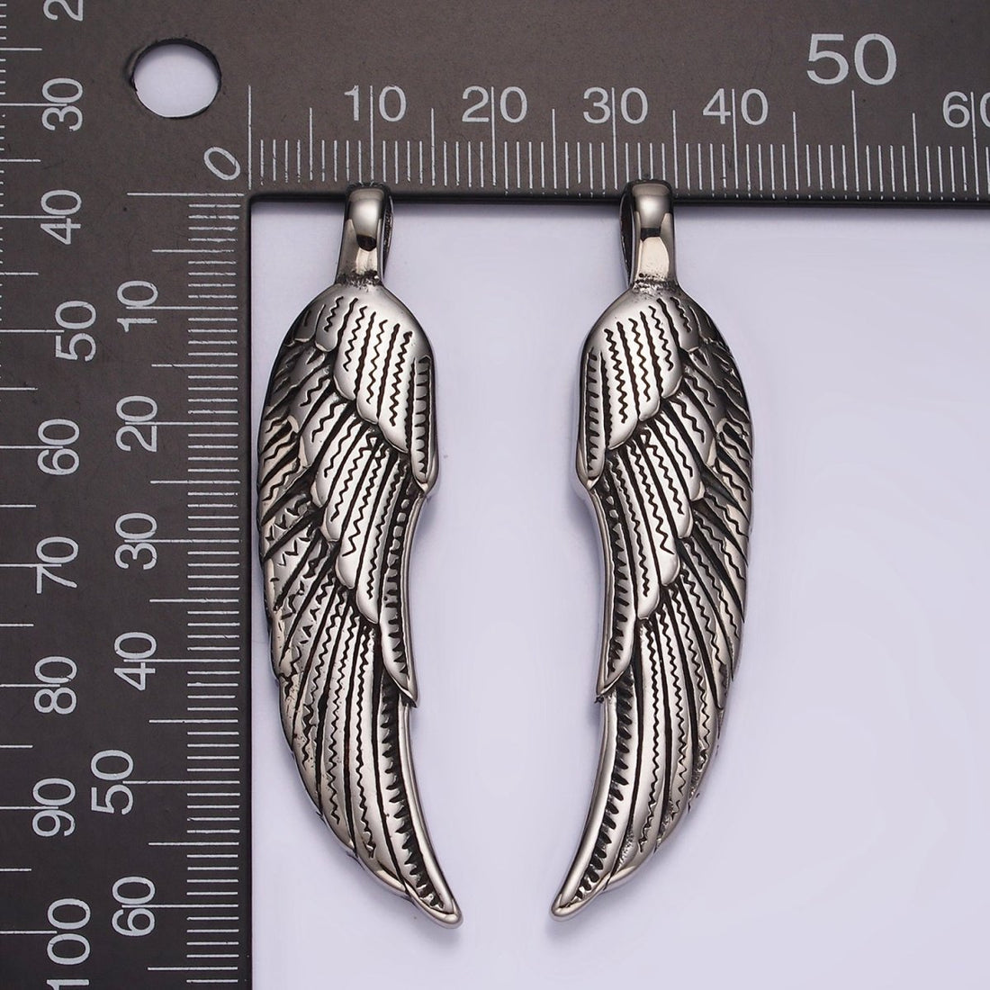 Stainless Steel 60mm Line-Textured Feather Angel Wing Oxidized Pendant | P876