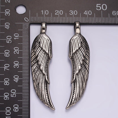Stainless Steel 60mm Line-Textured Feather Angel Wing Oxidized Pendant | P876