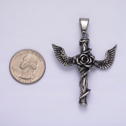 Stainless Steel 60mm Religious Cross Rose Flower Vine Wood Feather Wings Pendant | P-776