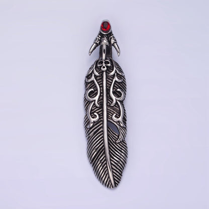 Stainless Steel 63mm Red CZ Feather Leaf Oxidized Pendant | P1390