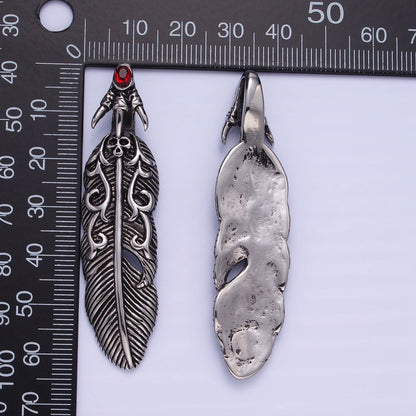 Stainless Steel 63mm Red CZ Feather Leaf Oxidized Pendant | P1390