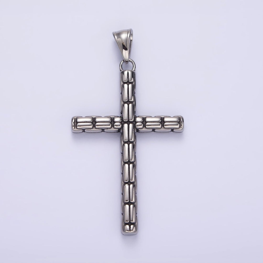 Stainless Steel 64mm Religious Latin Cross Bar Line-Textured Pendant | P-741