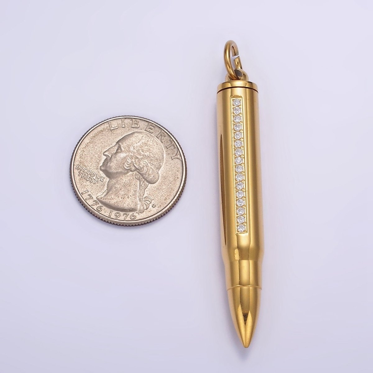 Stainless Steel 65.5mm Clear Micro Paved CZ Lined Bullet Cylinder Tube Pendant in Black &amp; Gold | P-730