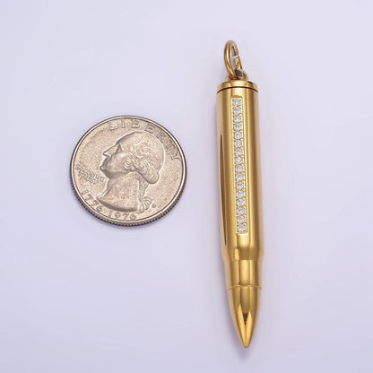 Stainless Steel 65.5mm Clear Micro Paved CZ Lined Bullet Cylinder Tube Pendant in Black &amp; Gold | P-730