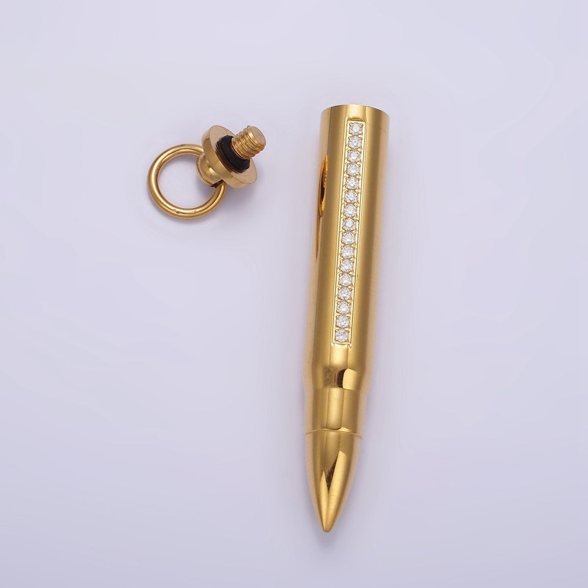 Stainless Steel 65.5mm Clear Micro Paved CZ Lined Bullet Cylinder Tube Pendant in Black &amp; Gold | P-730