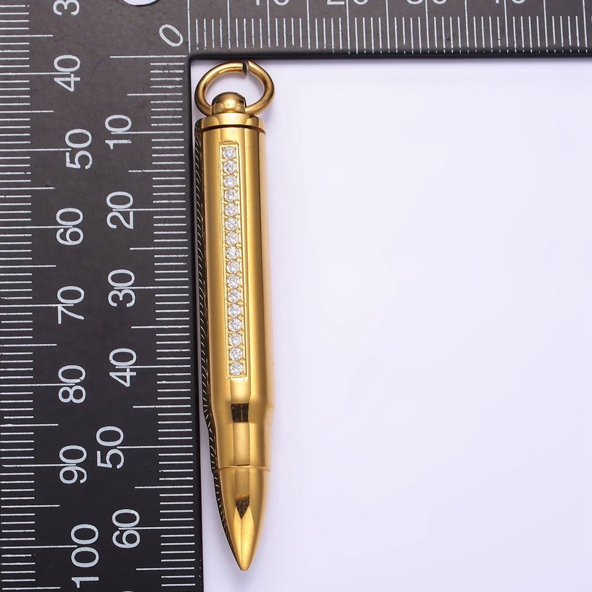 Stainless Steel 65.5mm Clear Micro Paved CZ Lined Bullet Cylinder Tube Pendant in Black &amp; Gold | P-730
