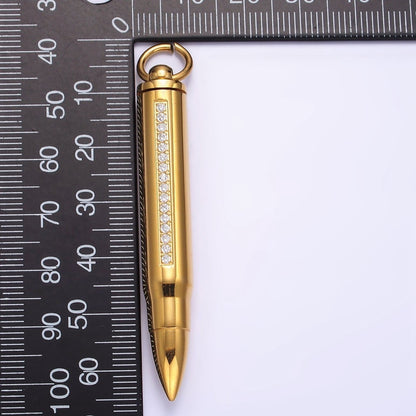 Stainless Steel 65.5mm Clear Micro Paved CZ Lined Bullet Cylinder Tube Pendant in Black &amp; Gold | P-730