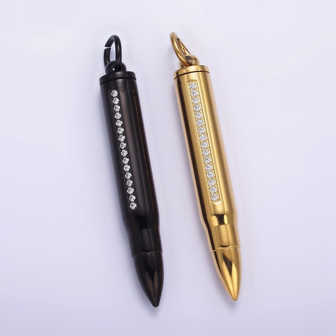 Stainless Steel 65.5mm Clear Micro Paved CZ Lined Bullet Cylinder Tube Pendant in Black &amp; Gold | P-730