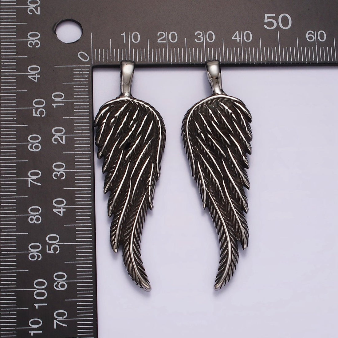 Stainless Steel 65mm Line-Textured Angel Wing Feather Oxidized Pendant | P868
