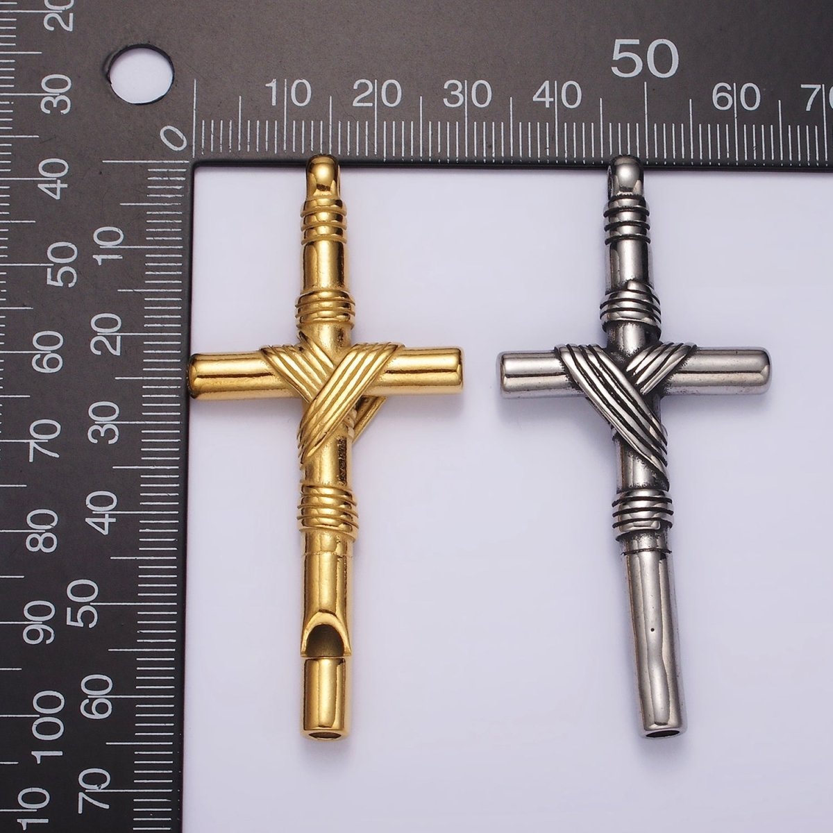 Stainless Steel 65mm Lined Rope Tied Latin Cross Religious Pendant in Gold &amp; Silver | P1363