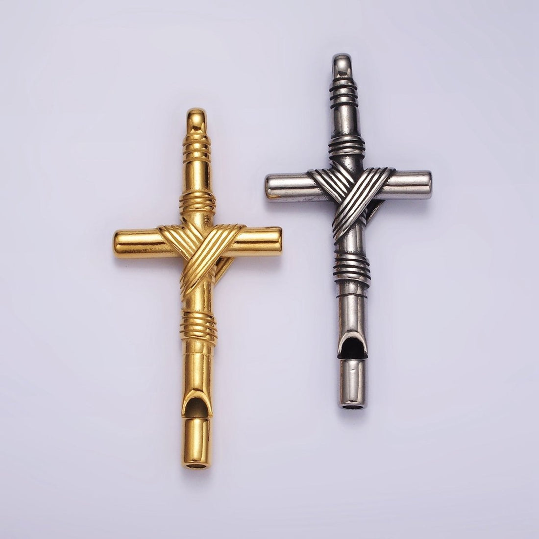 Stainless Steel 65mm Lined Rope Tied Latin Cross Religious Pendant in Gold &amp; Silver | P1363