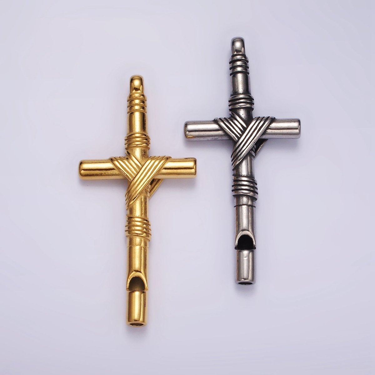 Stainless Steel 65mm Lined Rope Tied Latin Cross Religious Pendant in Gold &amp; Silver | P1363