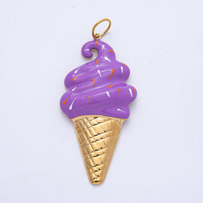 Stainless Steel 65mm Purple, White, Brown Enamel Sprinkle Ice Cream Cone Statement Charm | J848 J849