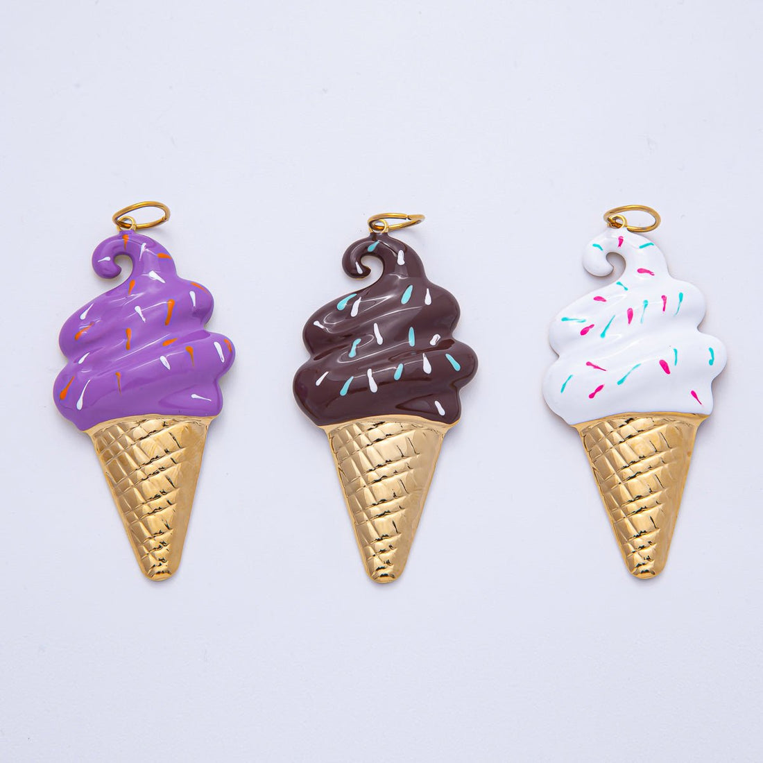 Stainless Steel 65mm Purple, White, Brown Enamel Sprinkle Ice Cream Cone Statement Charm | J848 J849