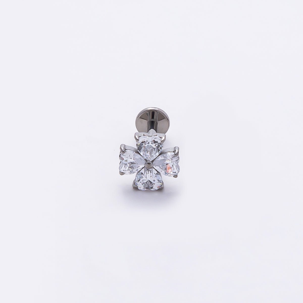 Titanium 6.6mm Clear CZ Heart Clover Single Cartilage Piercing Flat Back Stud in Gold &amp; Silver | BJ-00007 BJ-00008