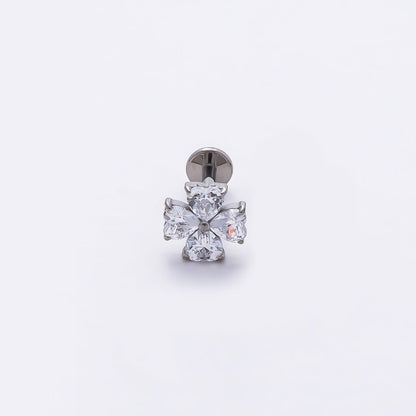 Titanium 6.6mm Clear CZ Heart Clover Single Cartilage Piercing Flat Back Stud in Gold &amp; Silver | BJ-00007 BJ-00008