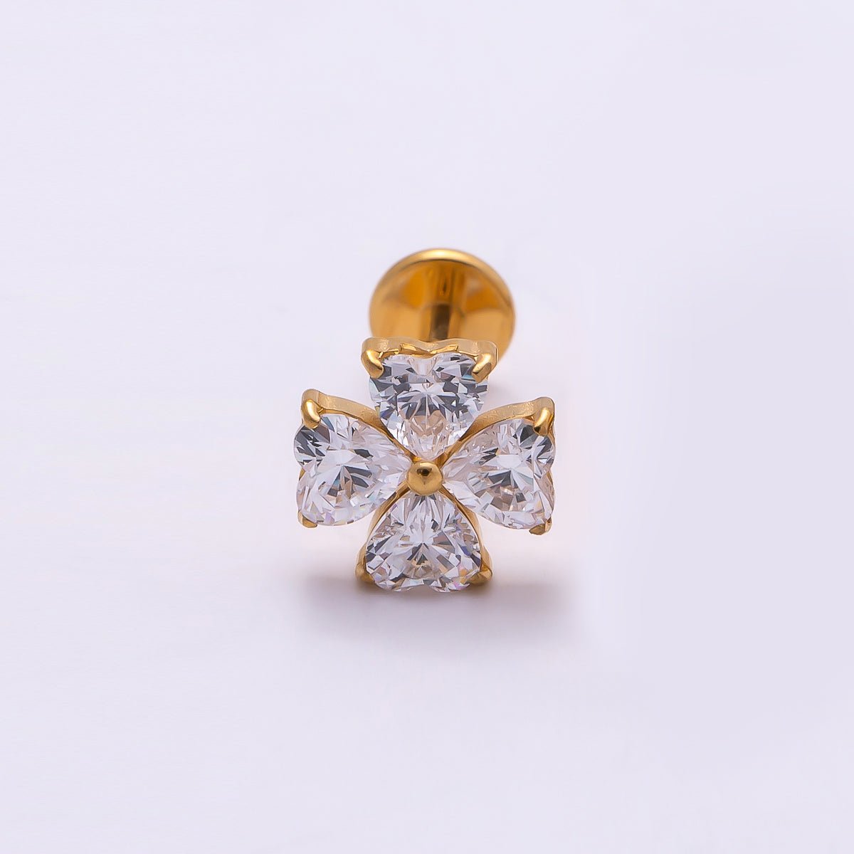 Titanium 6.6mm Clear CZ Heart Clover Single Cartilage Piercing Flat Back Stud in Gold &amp; Silver | BJ-00007 BJ-00008
