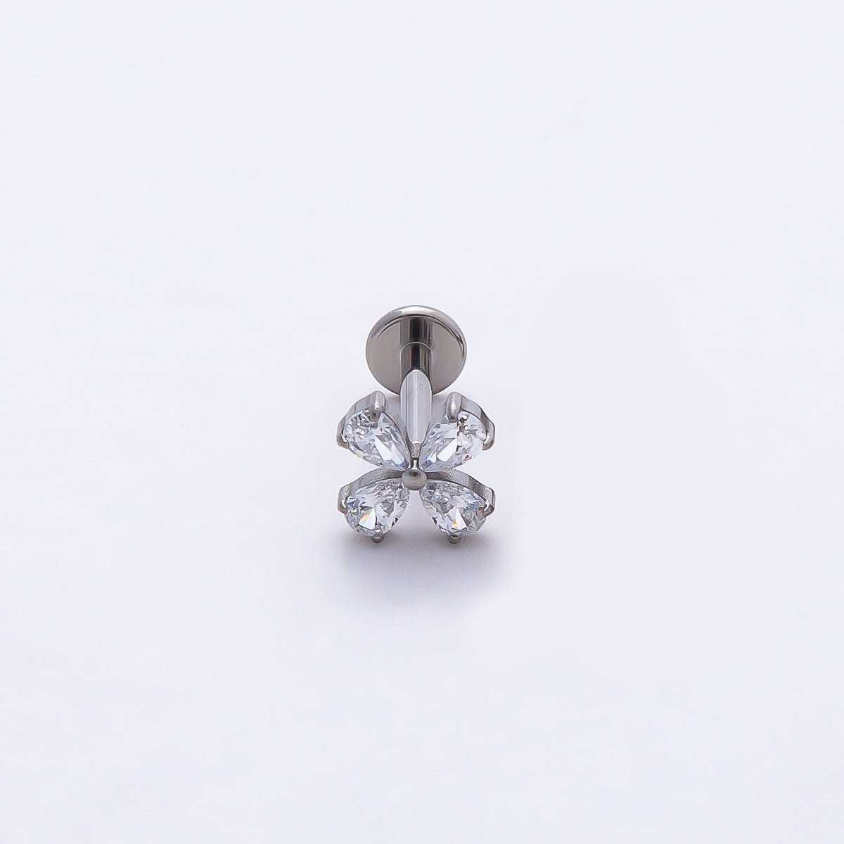 Titanium 6mm Clear CZ Teardrop Flower Single Cartilage Piercing Flat Back Stud | BJ-00028