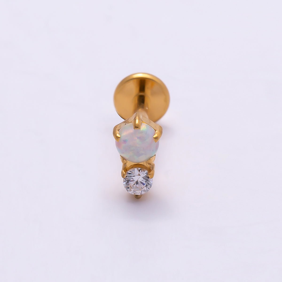 Titanium 6mm White Opal Clear CZ Single Cartilage Piercing Flat Back Stud in Gold &amp; Silver | BJ-00053 BJ-00054