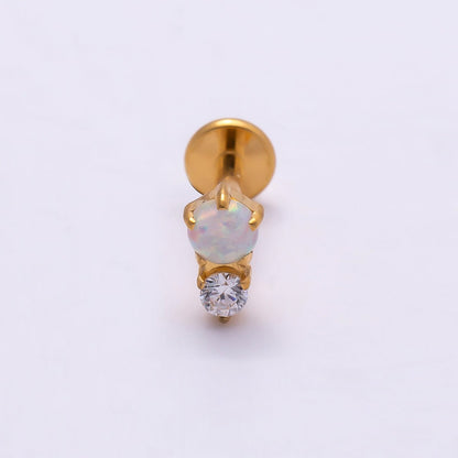 Titanium 6mm White Opal Clear CZ Single Cartilage Piercing Flat Back Stud in Gold &amp; Silver | BJ-00053 BJ-00054