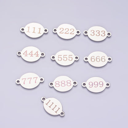 Stainless Steel 8mm Angel Number Numerology Engraved Oval Silver Connector G-684-G-693