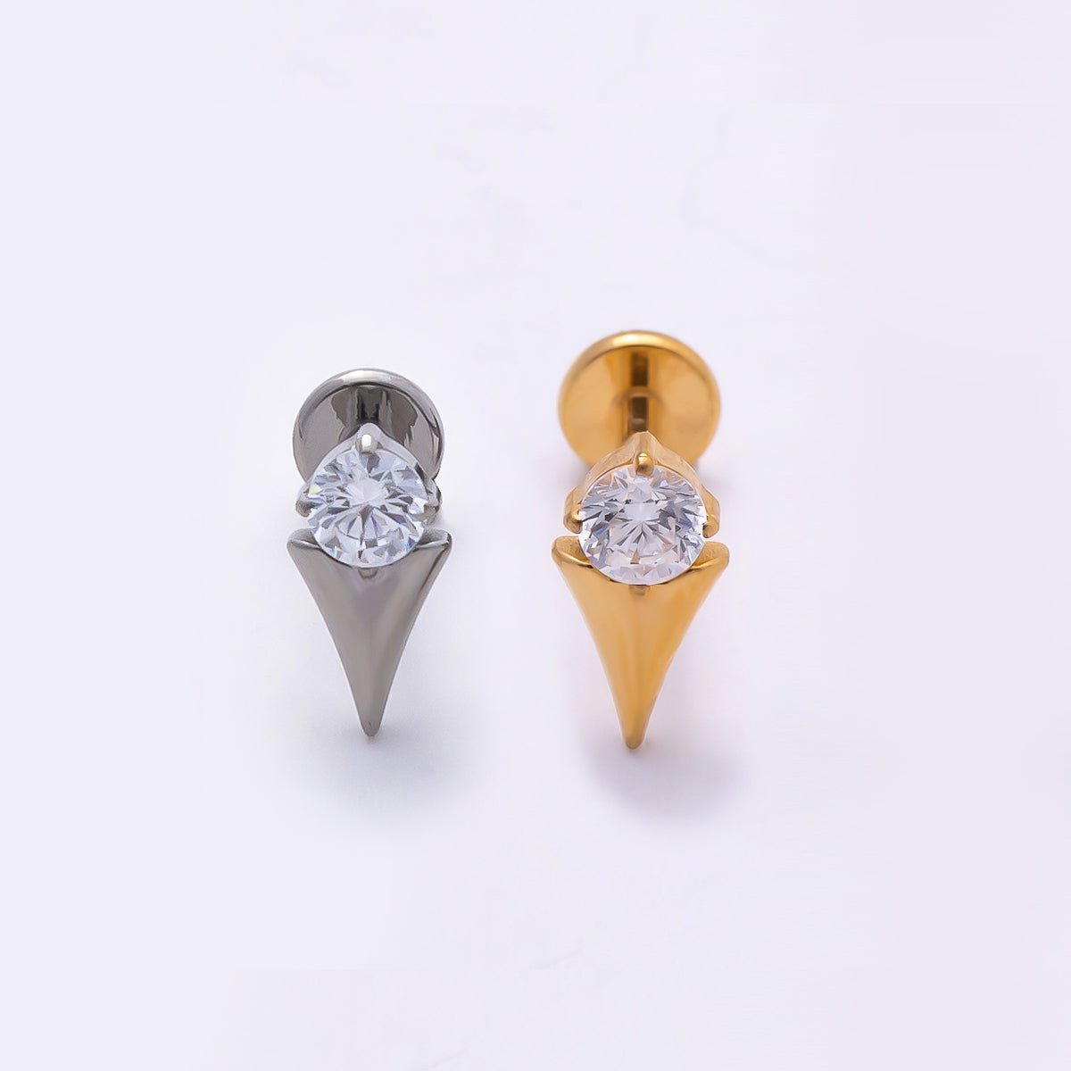 Titanium 8mm Clear CZ Round Spiked Single Cartilage Piercing Flat Back Stud | BJ-00047 BJ-00048