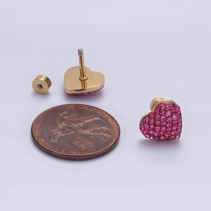 Stainless Steel 9mm Hot Pink Micro Paved CZ Heart Stud Earrings | AE736