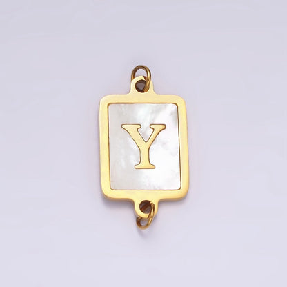Stainless Steel A-Z Initial Letter Alphabet Shell Pearl Rectangular Gold Connector | A-A1184-A-A1196