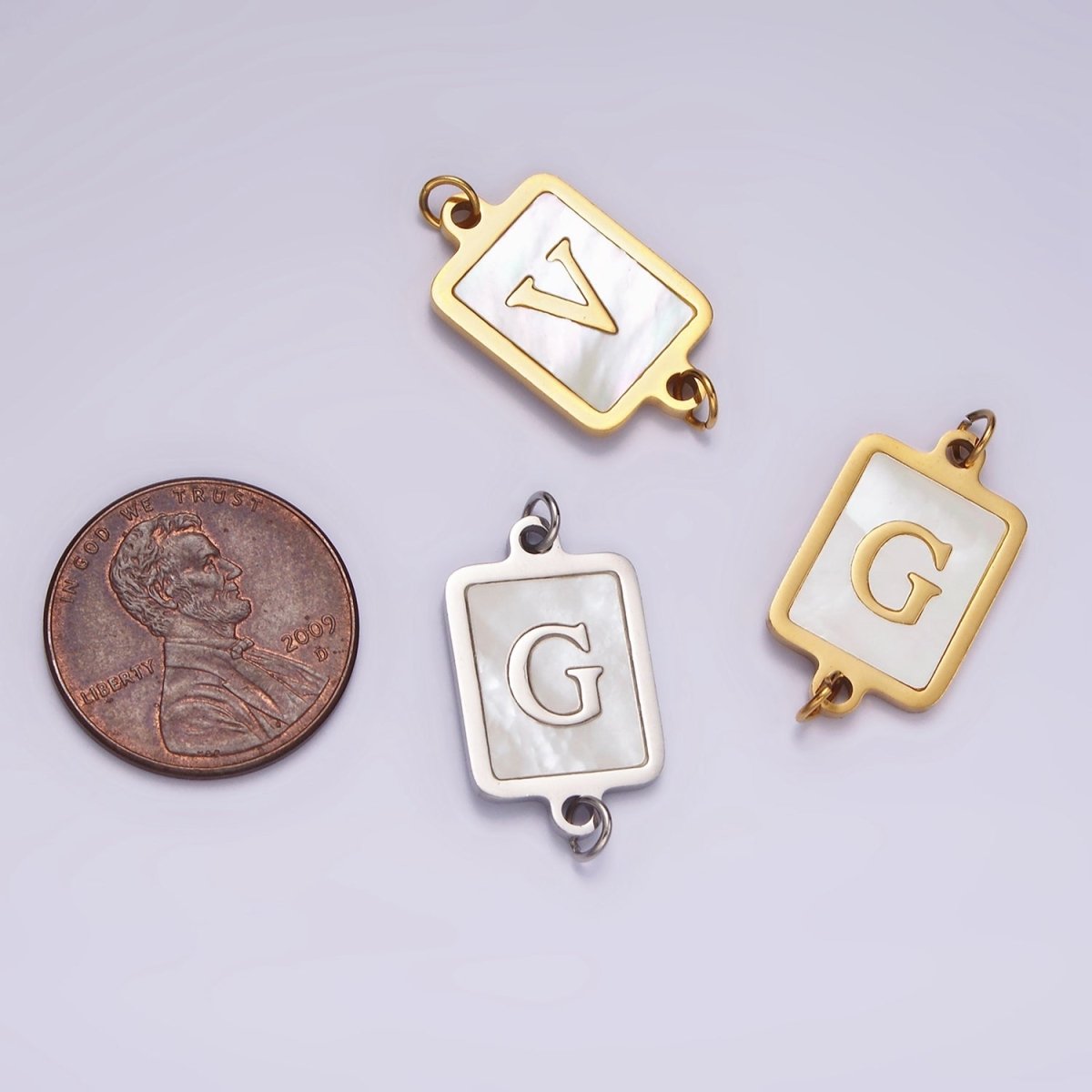 Stainless Steel A-Z Initial Letter Alphabet Shell Pearl Rectangular Gold Connector | A-A1184-A-A1196