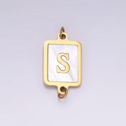 Stainless Steel A-Z Initial Letter Alphabet Shell Pearl Rectangular Gold Connector | A-A1184-A-A1196