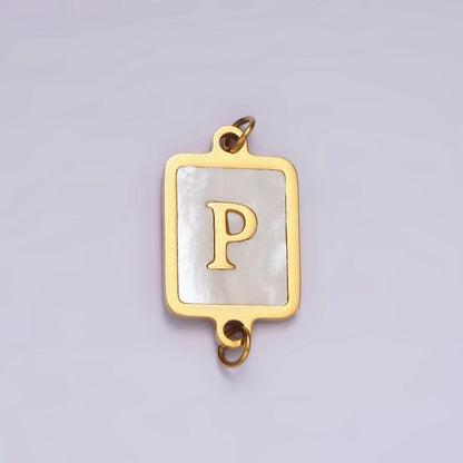 Stainless Steel A-Z Initial Letter Alphabet Shell Pearl Rectangular Gold Connector | A-A1184-A-A1196