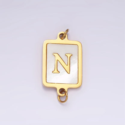 Stainless Steel A-Z Initial Letter Alphabet Shell Pearl Rectangular Gold Connector | A-A1184-A-A1196
