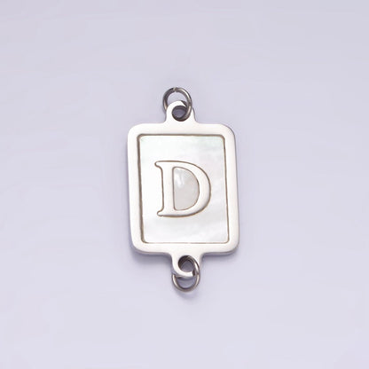 Stainless Steel A-Z Initial Letter Alphabet Shell Pearl Rectangular Silver Connector | A-A1106-A-A1118