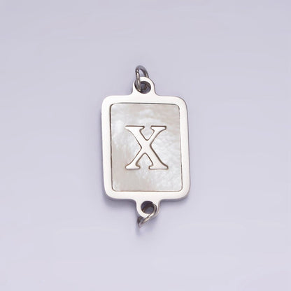 Stainless Steel A-Z Initial Letter Alphabet Shell Pearl Rectangular Silver Connector | A-A1106-A-A1118