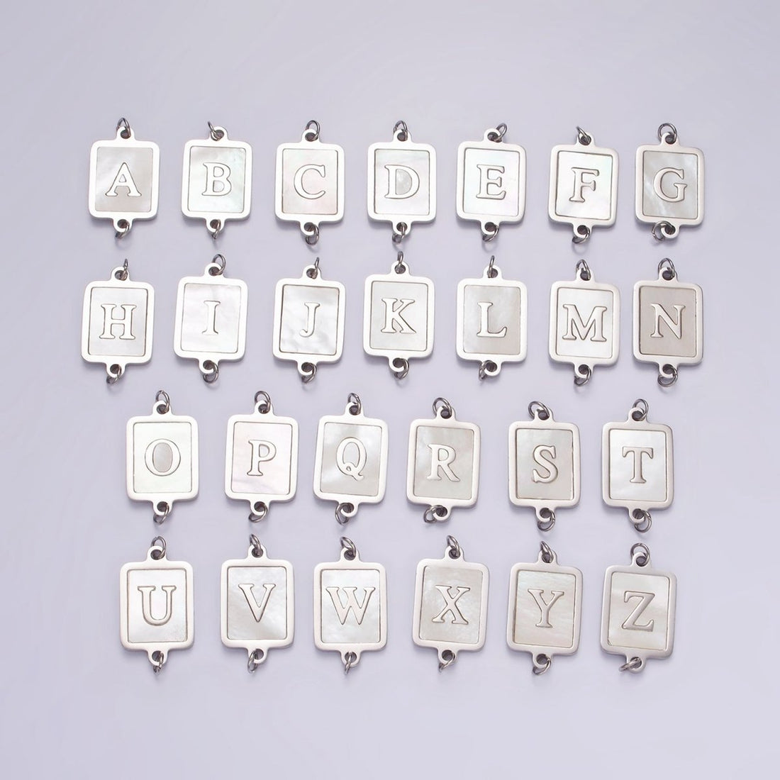 Stainless Steel A-Z Initial Letter Alphabet Shell Pearl Rectangular Silver Connector | A-A1106-A-A1118