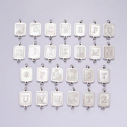 Stainless Steel A-Z Initial Letter Alphabet Shell Pearl Rectangular Silver Connector | A-A1106-A-A1118