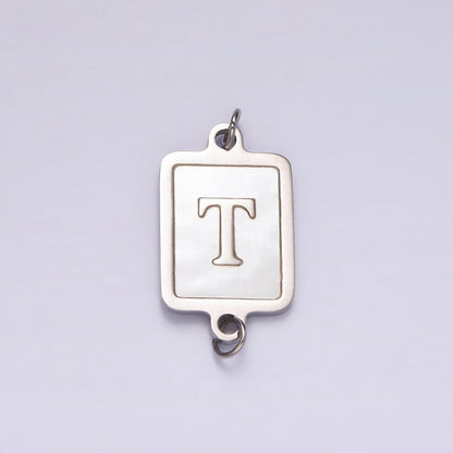 Stainless Steel A-Z Initial Letter Alphabet Shell Pearl Rectangular Silver Connector | A-A1106-A-A1118