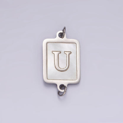 Stainless Steel A-Z Initial Letter Alphabet Shell Pearl Rectangular Silver Connector | A-A1106-A-A1118
